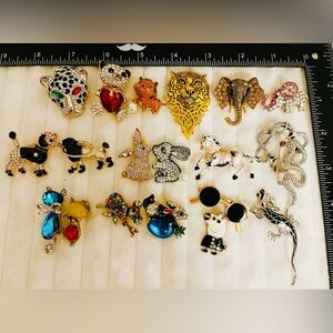 Lot 20 Animal Brooches Pins Rhinestone Enamel Tiger Leopard Elephant Snake Dog